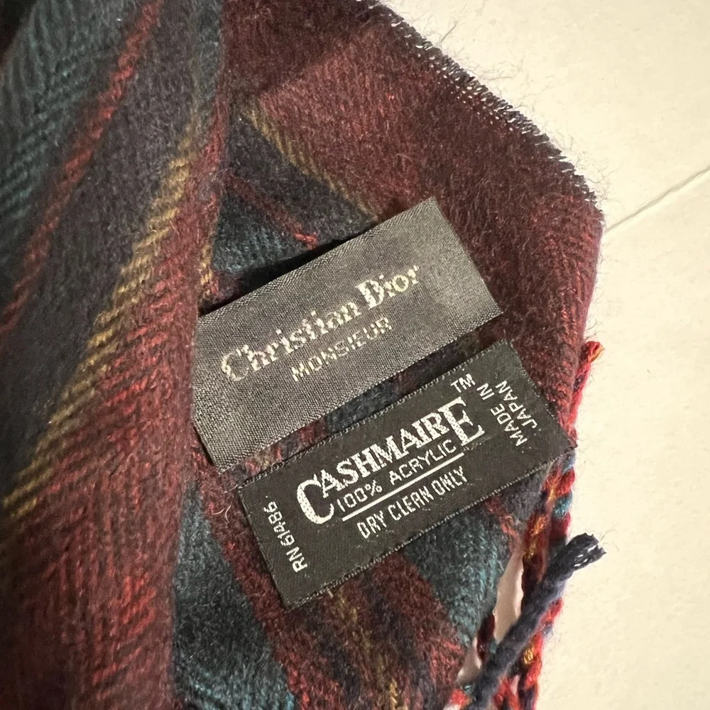 Christian Dior Striped Cashmere Burgundy and Blue Men's Scarf Fringe Vintage